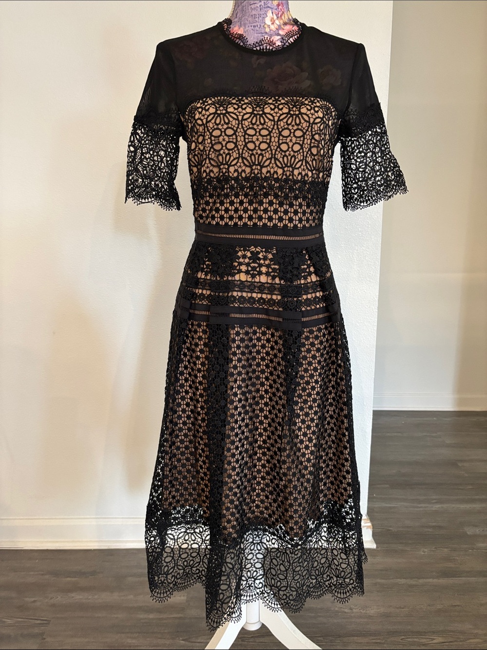 French Connection Black Lace Midi Dress with Nude Lining